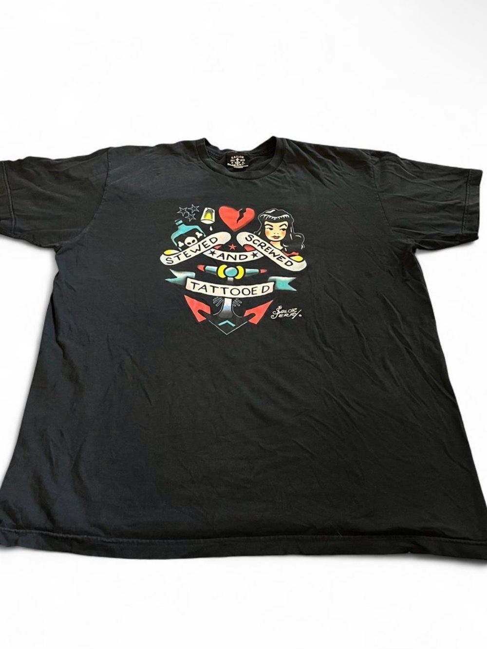 Vintage Men’s Sailor Jerry Stewed And Screwed Tattooed Graphic T Shirt XL